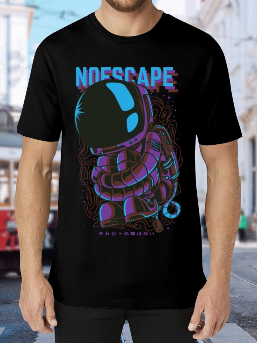 NoEscape Graphic Astronaut Tee - Black with Blue & Purple Print